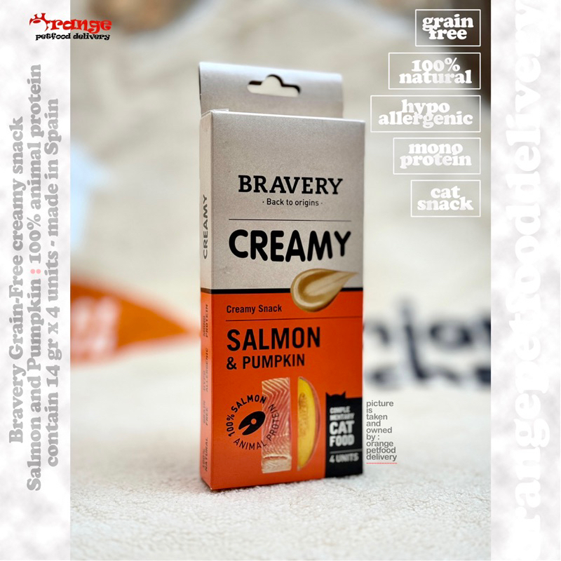 Bravery Creamy snack complementary cat food Salmon and Pumpkin contain 4 units @14 gr, made in Spain