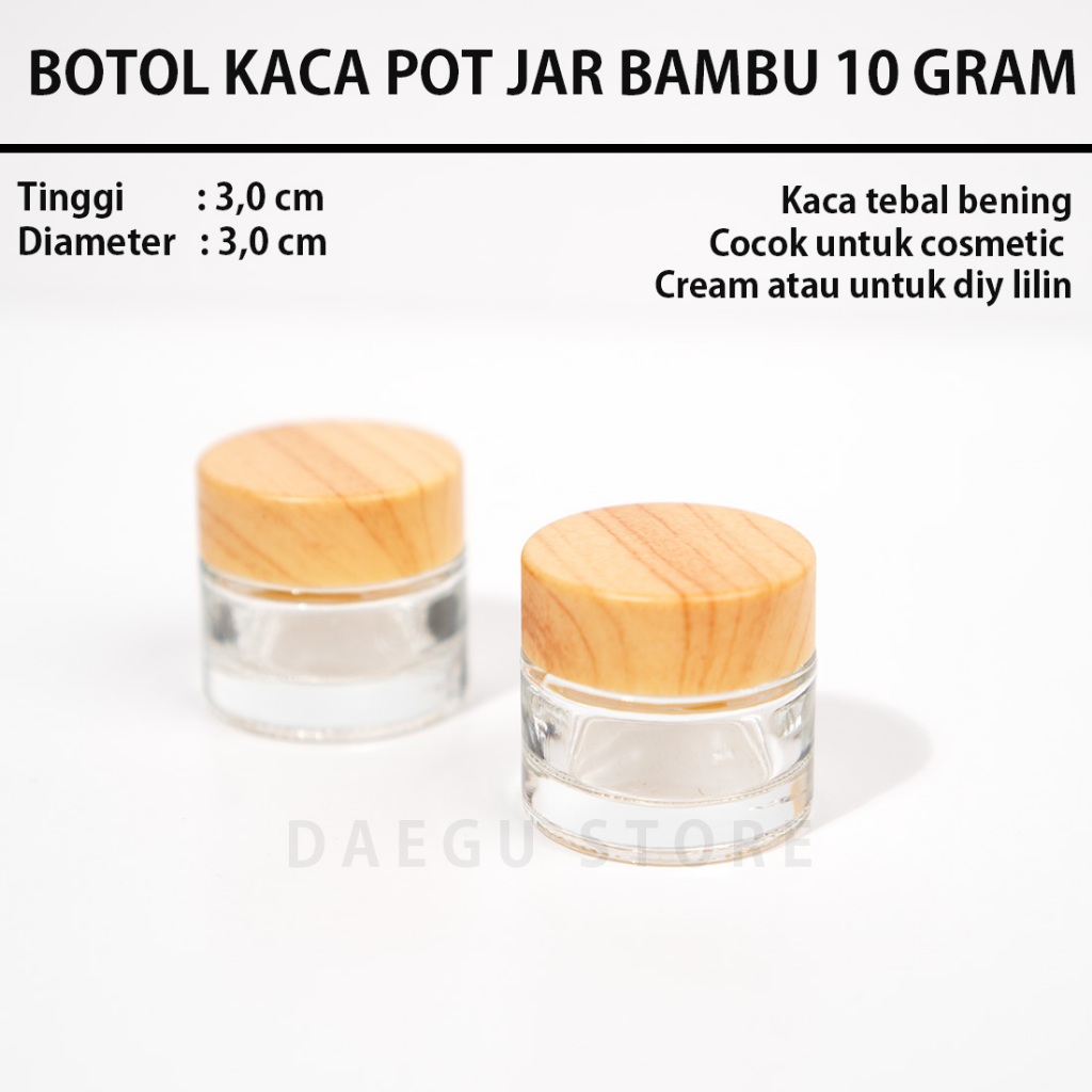 Botol Pot Jar 10gr Cream Kaca Bening Tutup PVC Motif Kayu Pot Jar Wadah Krim Kosmetik 10 Gram