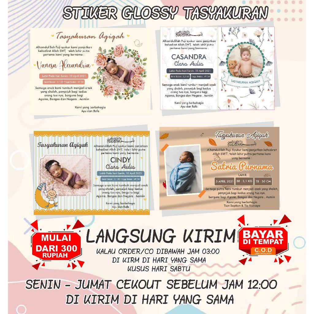 

Cetak Kartu / Sticker Tasyakuran Aqiqah | Custom Berbagai Ukuran