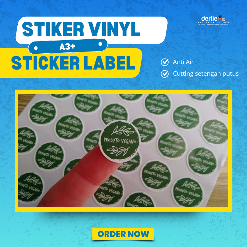 

Cetak Stiker Laber VINYL A3+ Cutting (Label Kemasan) Anti Air A3+ (32x48cm) + Cutting Pola (Kiss Cut)