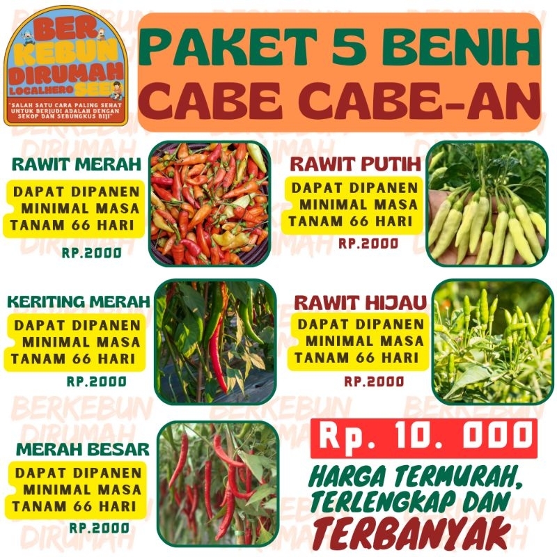 Paket 5 Macam Benih Cabai Cabe Rawit merah Putih Hijau Keriting Merah Besar ORI 212 Prentul Sayuran