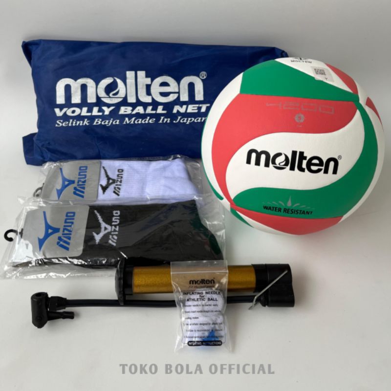 PAKET BUNDLING 1 SET BOLA VOLLY+NET+KAOS KAKI MOLTEN 4200 100% ORIGINAL THAILAND/GRATIS POMPA PENTIL