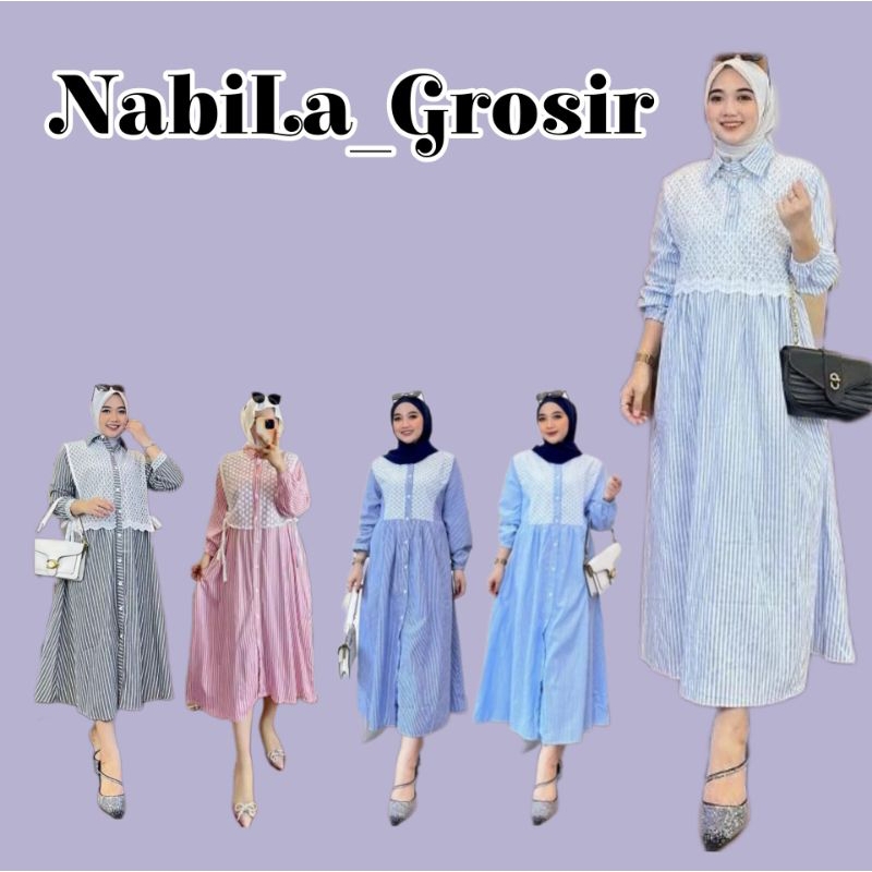 Tunik MIDI Salur Kekinian/Tunik dress Ful kancing model salur Terbaru/MIDI dress Tunik Katun Busui F