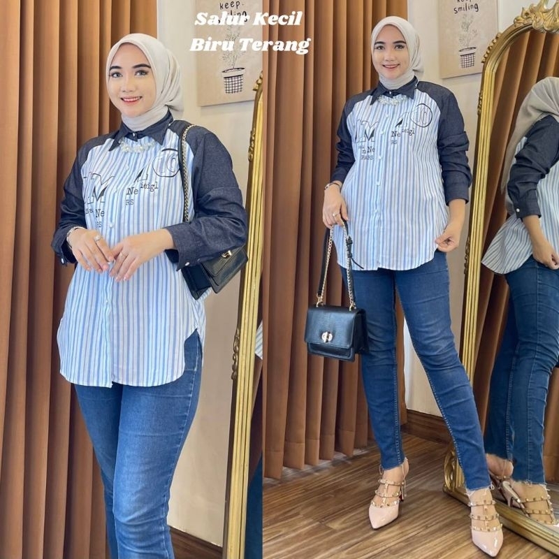 Grace Lee Grosir Only Kemeja Salur kombinasi Denim SKU 1113