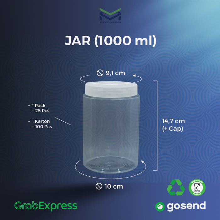 100pcs - JAR PET 1000 ml STANDAR / LONG Toples Tabung 1000 ml - Toples Plastik 1000 ml - Toples Kue 