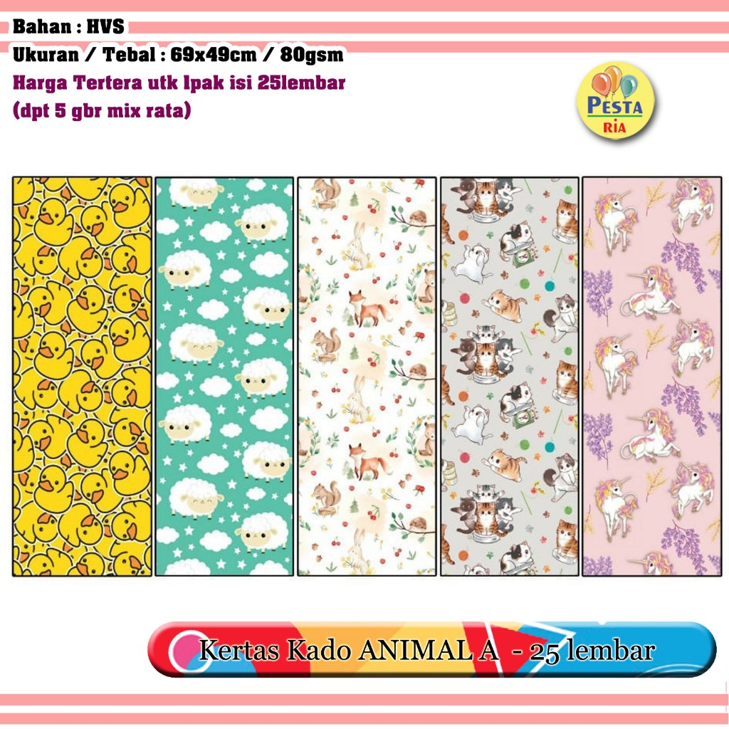 

Murah!! (1Set 25lmbr) Kertas kado karakter (Animal A), kertas kado karakter animal, Kertas Kado Setara Sanwa Sansan Wawa