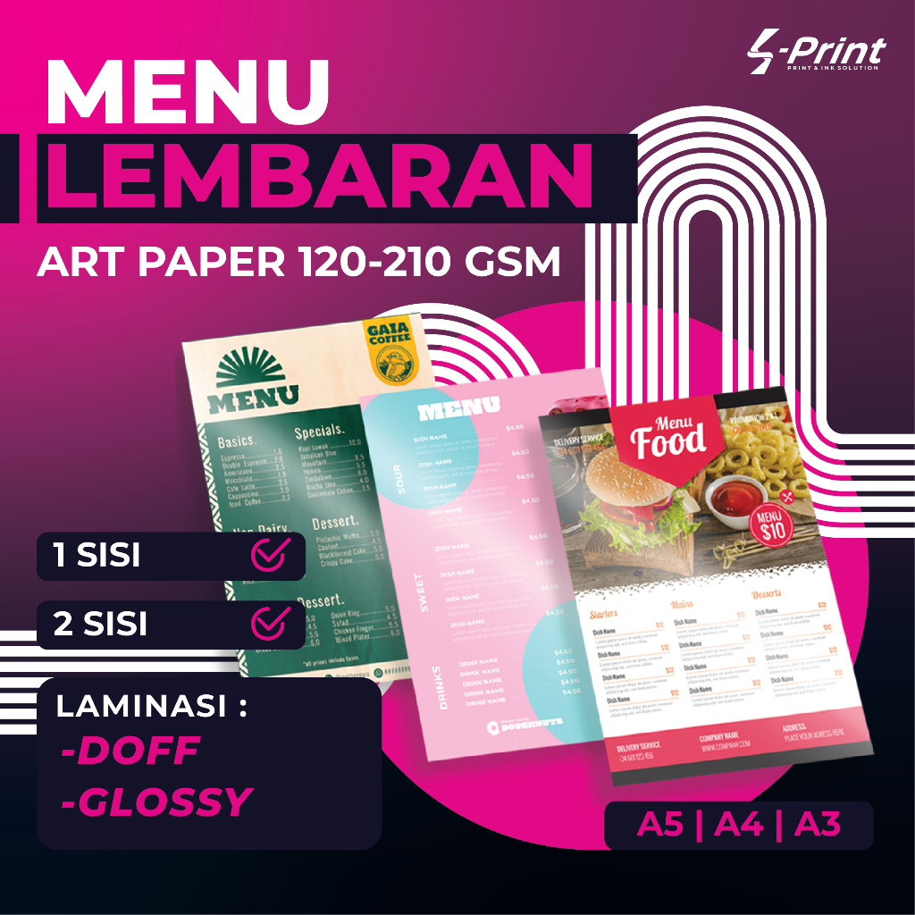 

CETAK MENU CUSTOM LEMBARAN UKURAN A3 A4 A5 ART PAPER LAMINASI GLOSSY DOFF | 1 SISI / 2 SISI