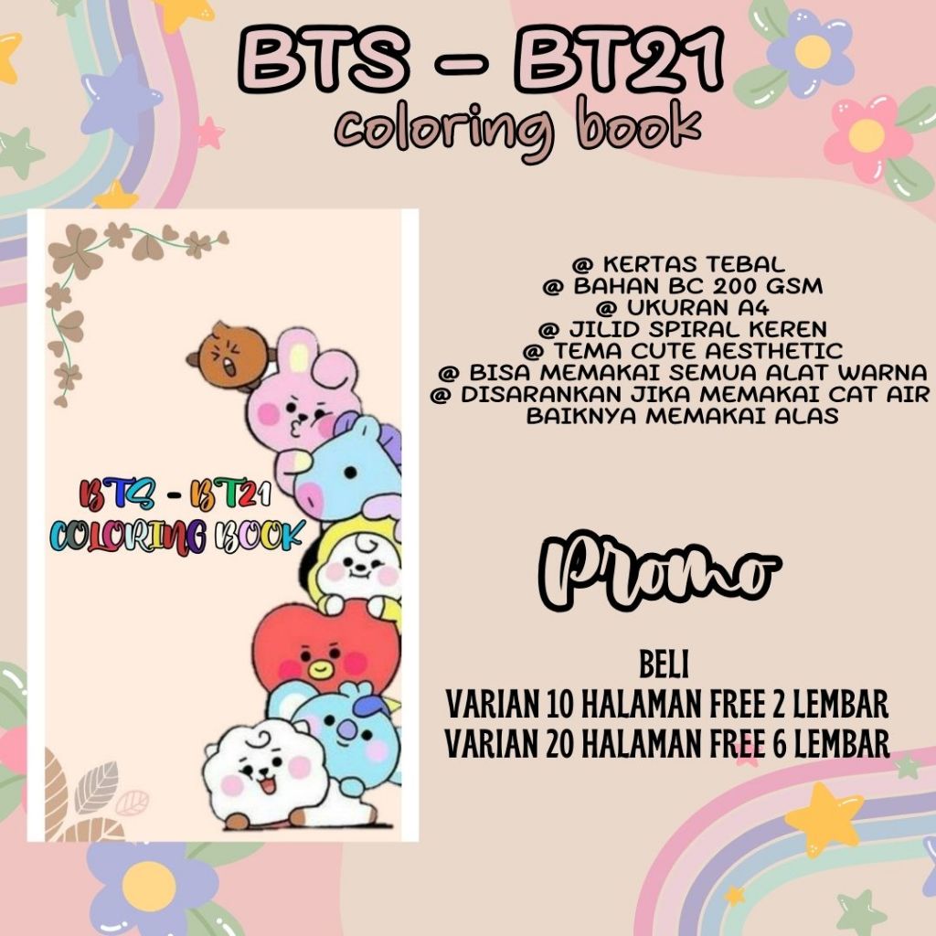 

Coloring Book Buku Mewarnai Anak Remaja Dewasa Aesthetic Kertas Tebal Tema BTS BT21 Lucu Bagus Mewah