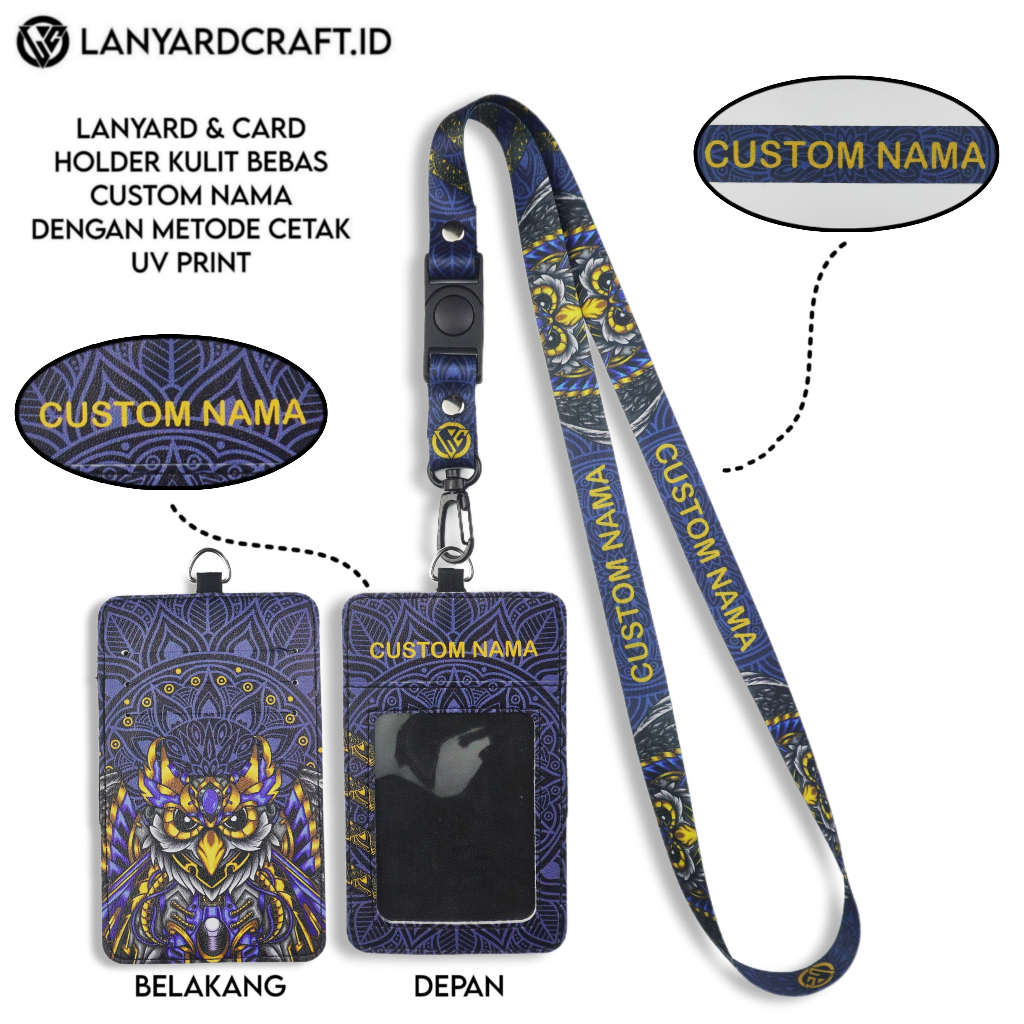 

V1 Id Card Holder Leather Custom + Lanyard Custom Nama Owl Series Gantungan Tali Lanyard Holder Id Card Kulit UV Print