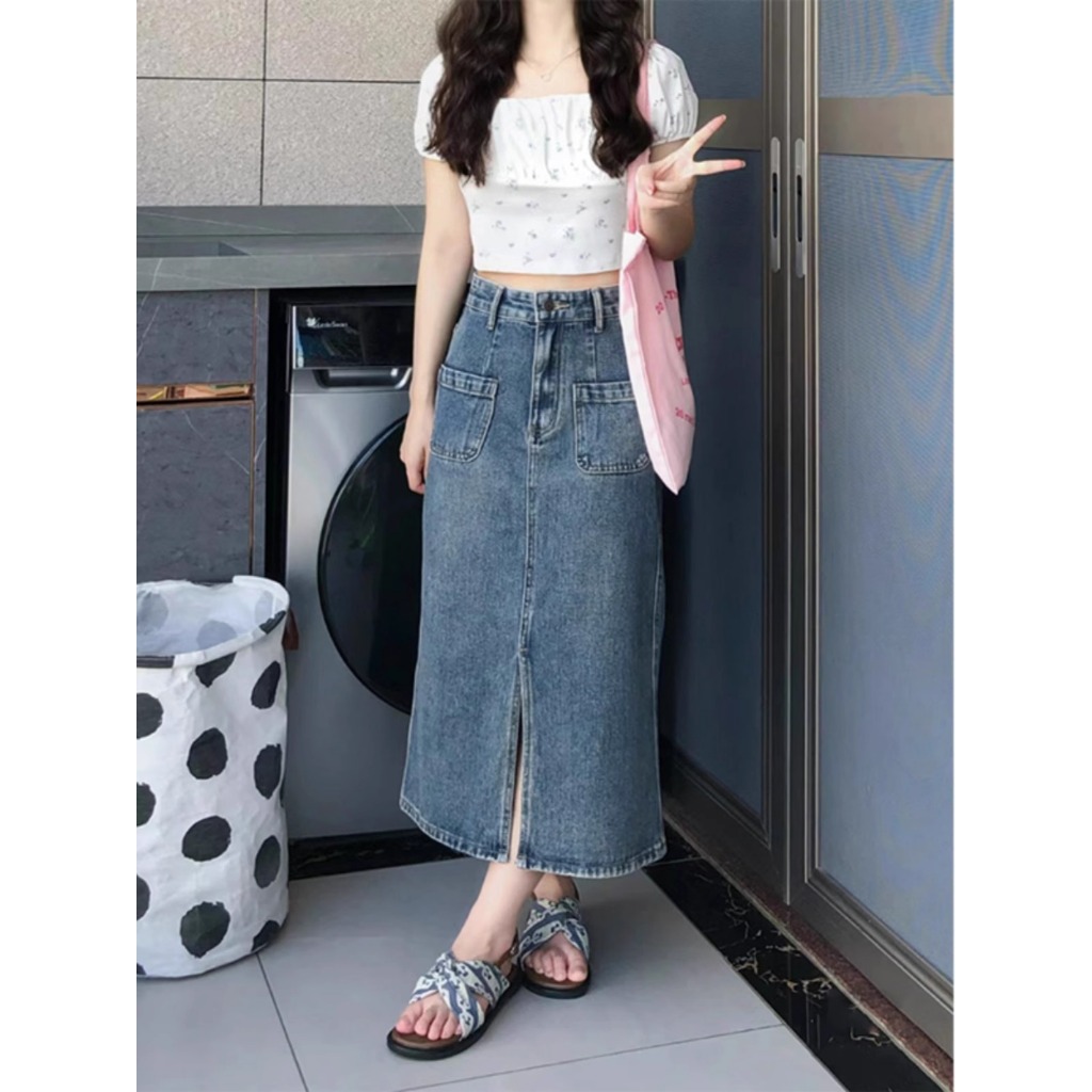 Highwaist rok jeans wanita Rok midi denim biru retro Split Korea realpict