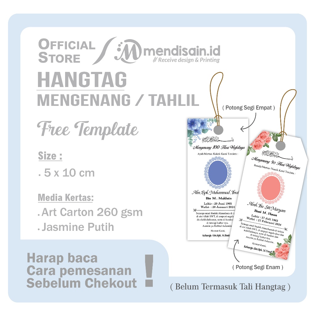 Hangtag Tahlil,Kartu Mengenang 40/100 Hari wafat,ucapan Tahlil,Tag ucapan Mengenang (bisa pakai foto