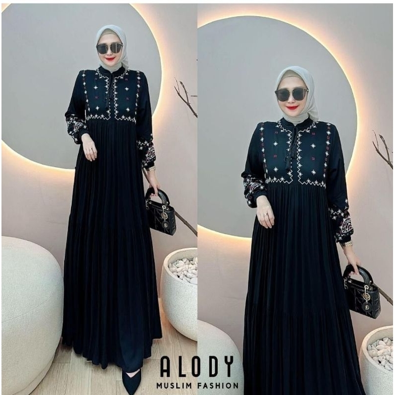 Fashion Muslim Alody Dress Bahan Katun Twill aplikasi bordir