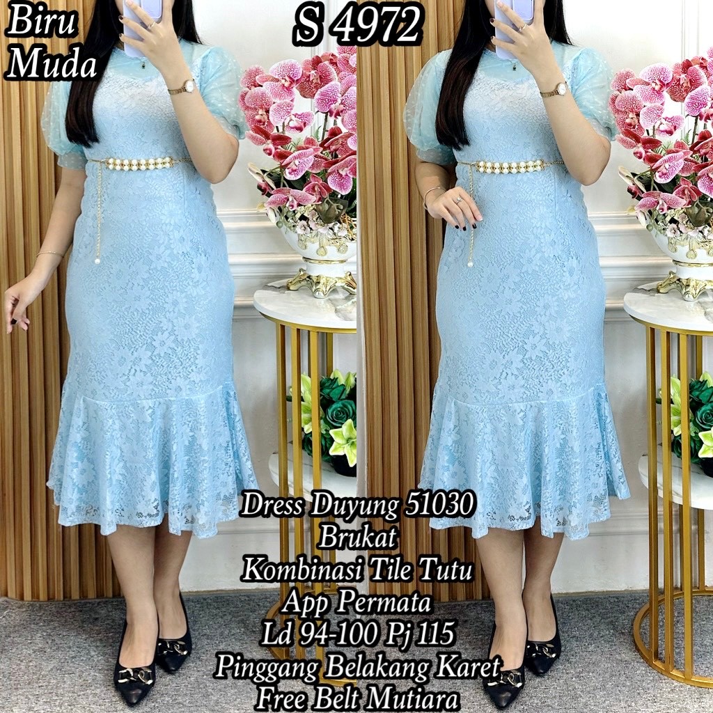 S 4972 #Dress Brukat Duyung Biru Muda Polos +Belt