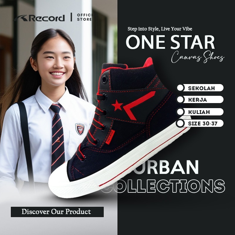 [RECORD SHOES] ONE STAR Sneaker Sekolah Casual Sepatu kanvas Anak Perempuan Hitam Merah Putih 30-42
