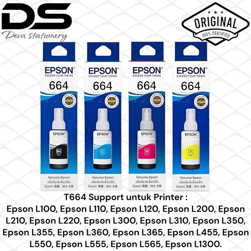 1SET TINTA PRINTER EPSON 664 ORIGINAL FOR L100 L110 L120 L360 ISI 4 WARNA