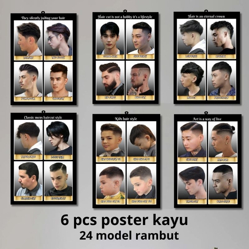 6 pcs POSTER KAYU barbersop /pangkas rambut / model rambut  terbaru keren alat cukur model rumbut ga