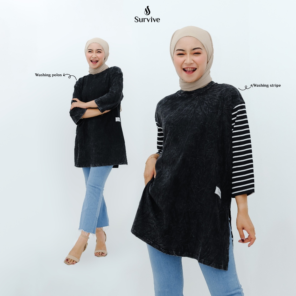 SURVIVE | Kaos Tunik Wanita Oversize Snowblack/Washing Polos