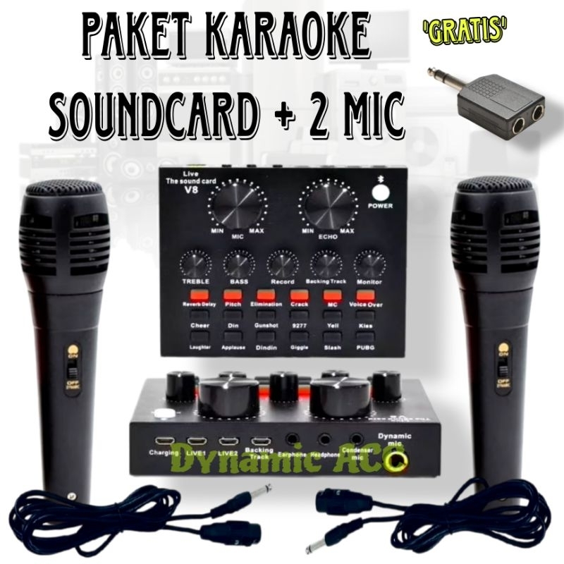 SATU PAKET ALAT KAROKE Soundcard Broadcast Microphone V8 Mixer mini & mic Sound Card Mixer Audio For