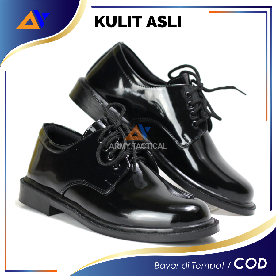 Sepatu PDH Kulit Asli Pendek 01 TNI Glossy Oxford Hitam Pria Satpam Security Polri