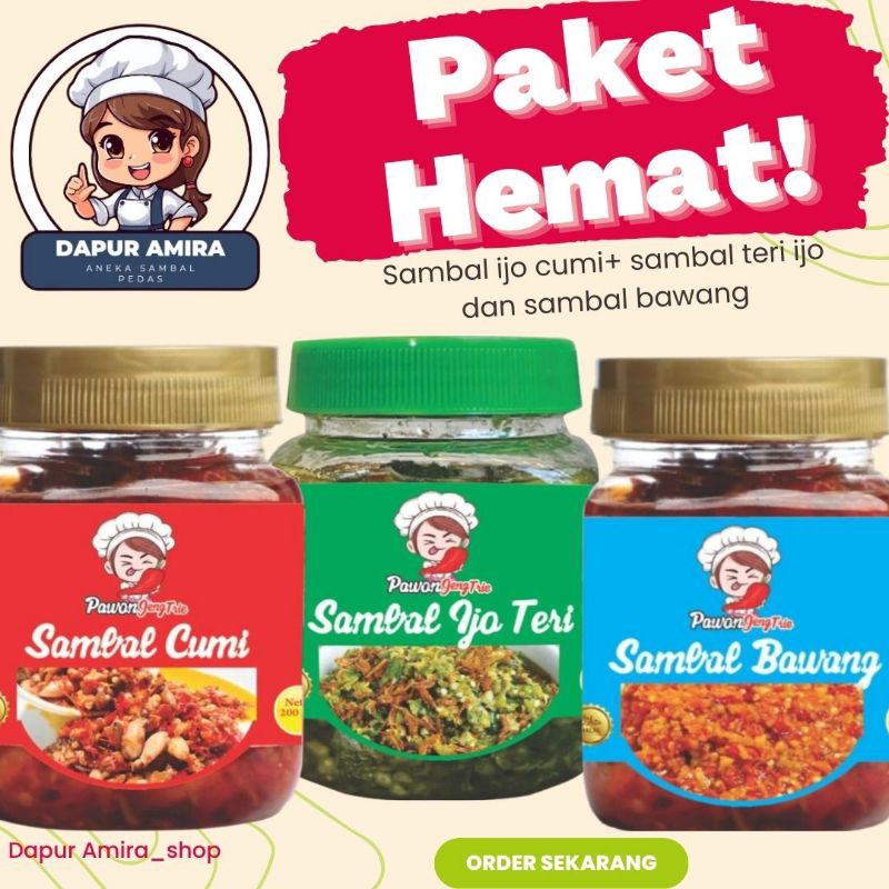 

paket 3 botol sambal cumi,sambal teri ijo dan sambal bawang