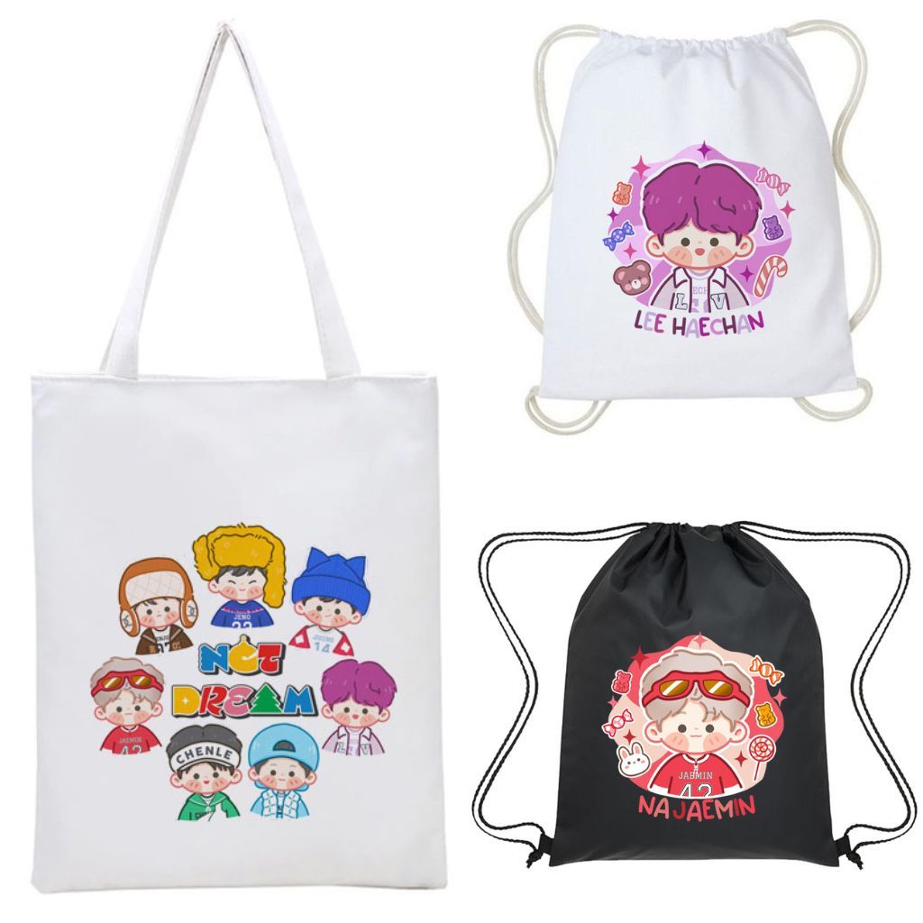 Totebag Tas Serut NCT Dream Chibi Candy Lucu Kpop Korea String Bag Kanvas Wanita Aesthetic Hitam