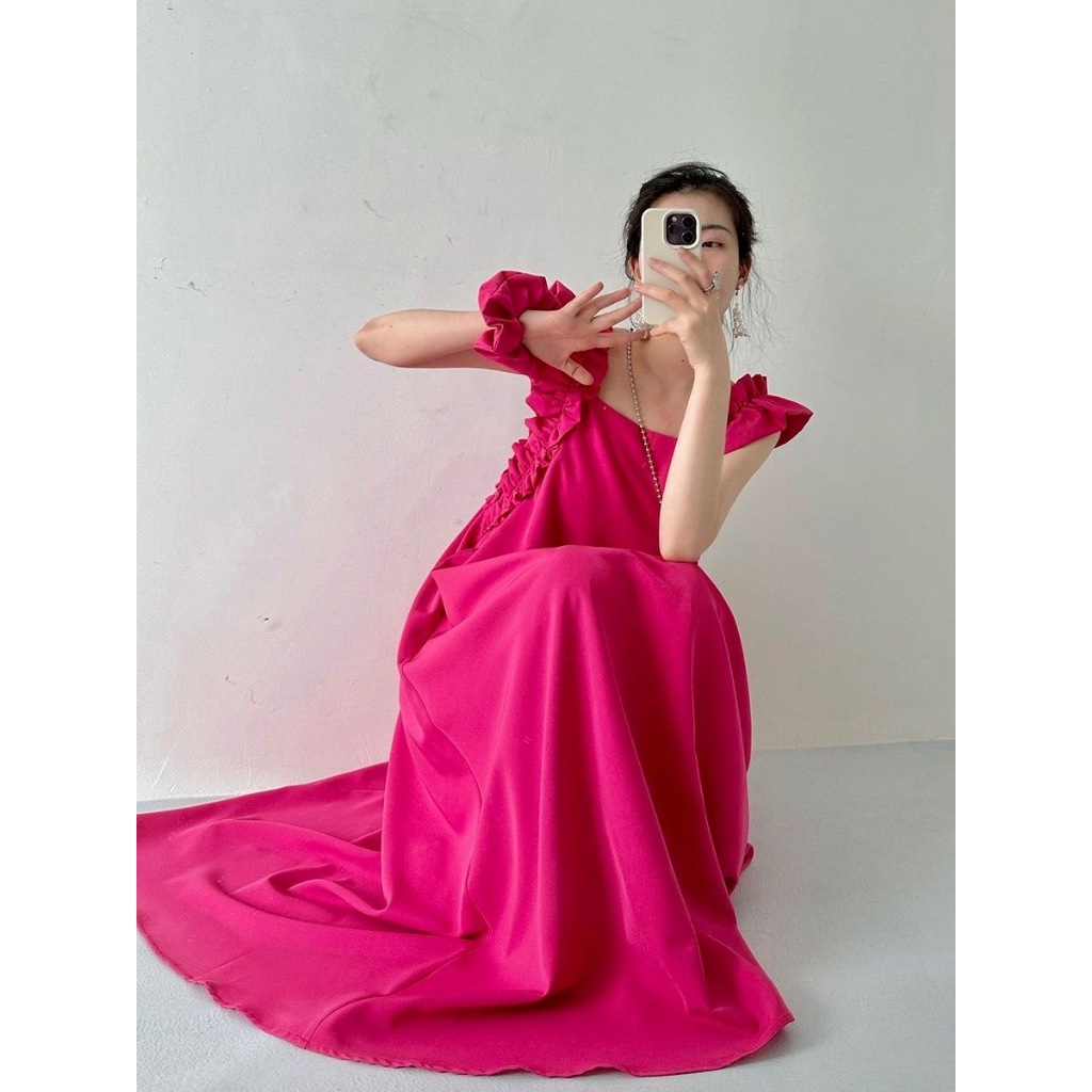 66TT Dress Darling DSWP121 Gaun Panjang Pantai Longgar Tanpa Lengan Merah Muda Neon Selai Raspberry 