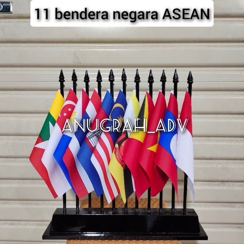

bendera meja negara grup ASEAN + tiang kayu 11 tiang