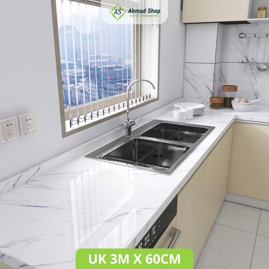 Wallpaper Glossy Marmer Marble Marmer Dapur Meja Furniture 3 m x 60 cm Glossi Kitchen Walpaper Pintu