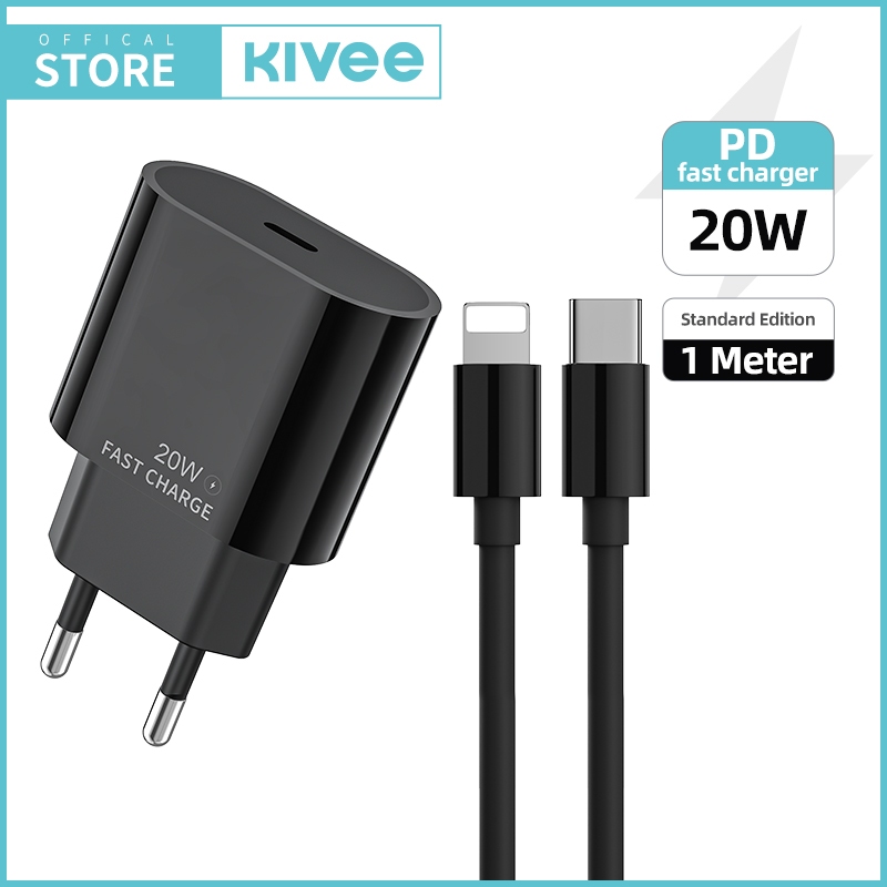 KIVEE Charger iPhone Fast Charging PD 20W KV-AE117 BLACK Kabel Data Type C To Lightning Set Original
