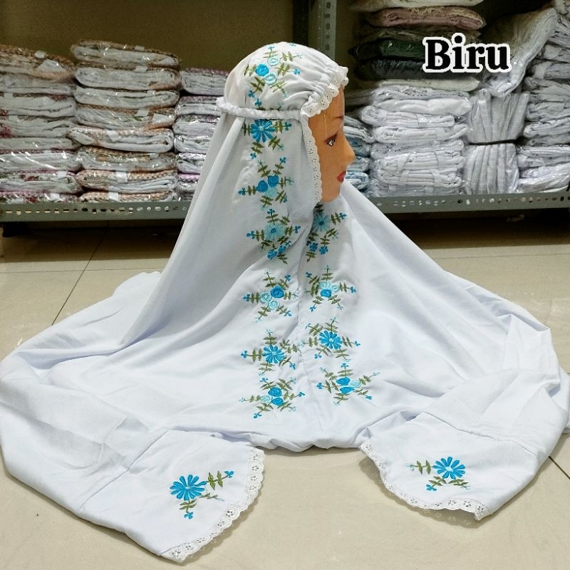 MUKENA TERUSAN BORDIR JUKI DEWASA PUTIH TALI KARET MUKENAH LAJURAN PONDOK PESANTREN
