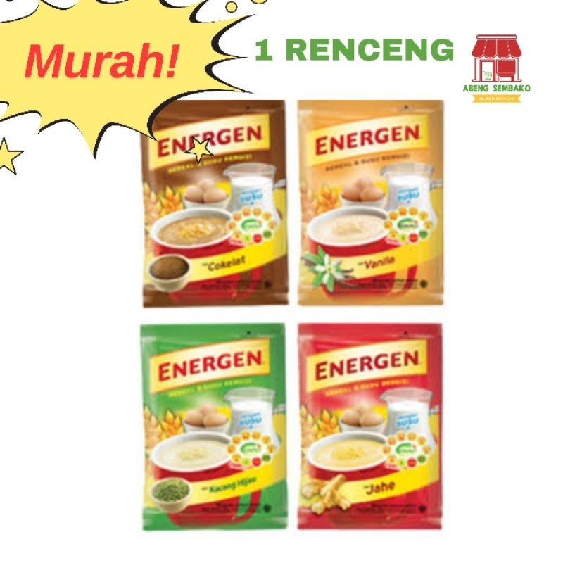 

Energen vanilla/coklat/jahe/kacang hijau 1 renceng isi 10 sachet