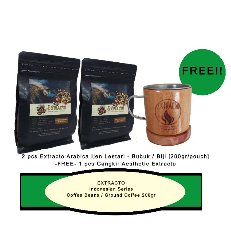 

BUNDLE Kopi Extracto Arabica Ijen Lestari CM Natural Filter Roast 200gr [BIJI] / 2 pouch gratis cangkir extracto