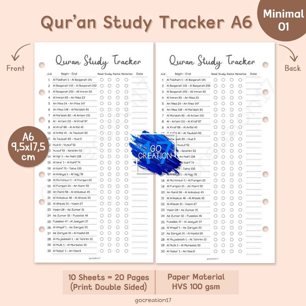 

Buku Planner Refill Kertas Isi Binder Quran Study Tracker Simple Minimalis A6