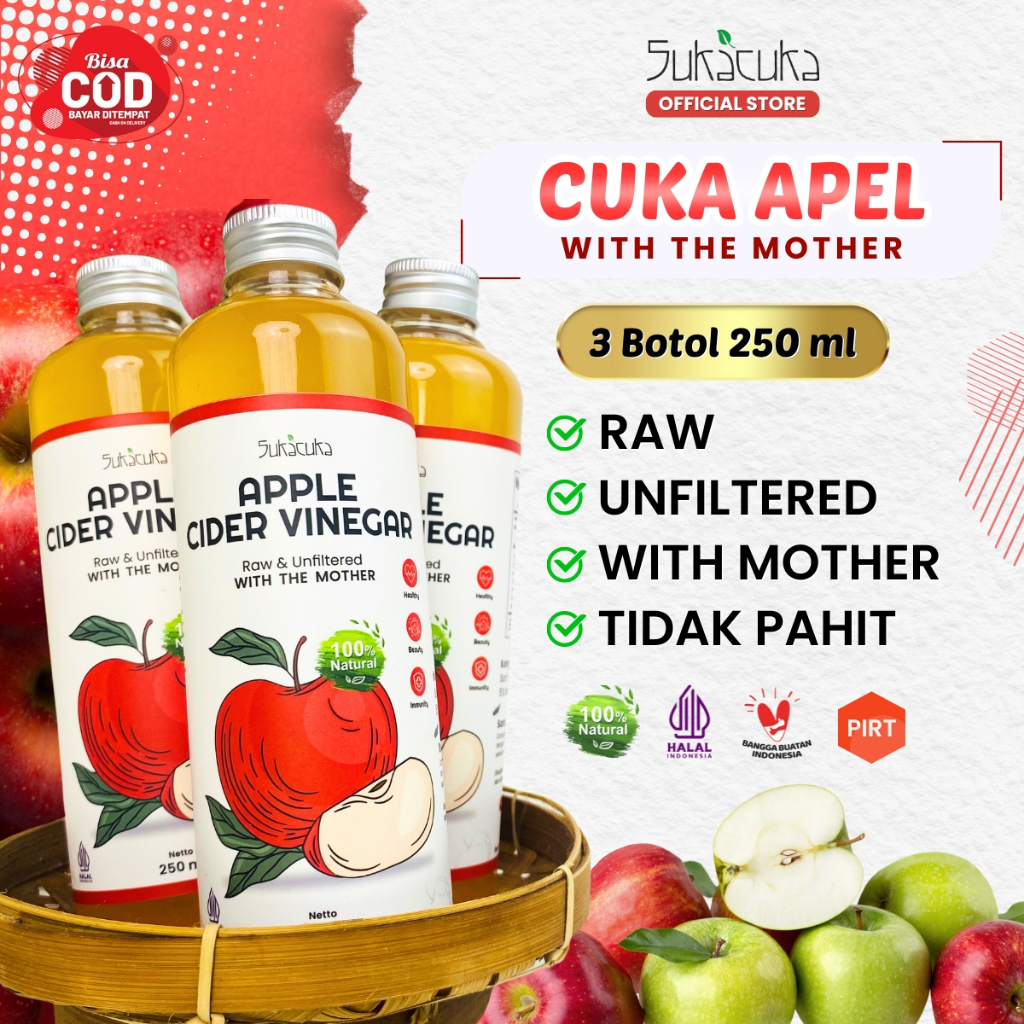 

Paket 3 Botol Cuka Apel Original With Mother 250 ml by SukaCuka (Apple Cider Vinegar)