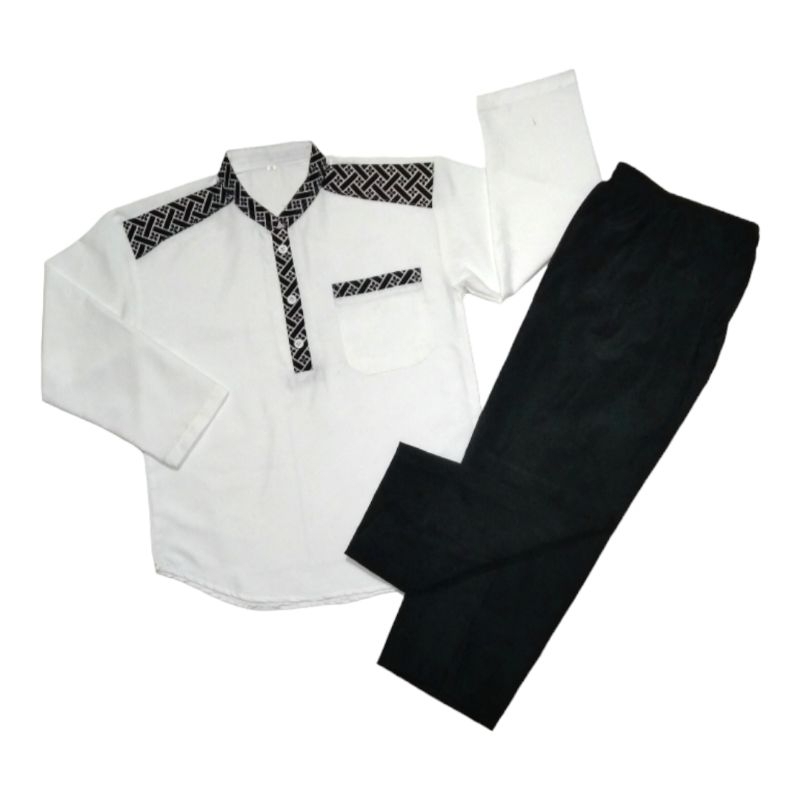 Koko Anak Laki Lengan Panjang Setelan Kurta Anak Hitam-Putih Baju Muslim Anak Laki