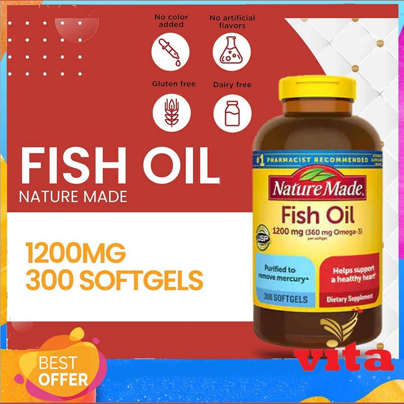 Nature Made Burp Less Fish Oil 1200 mg Omega 3 Fish Oil 300 Softgels