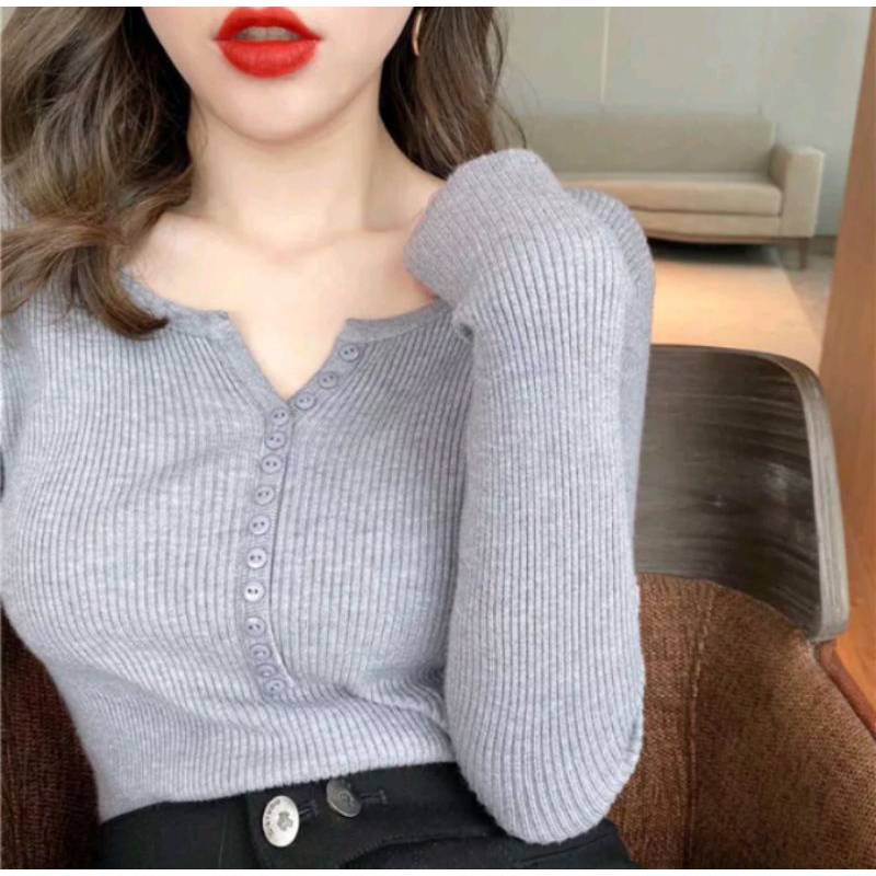 AtasanV-neck Rajut Lengan Panjang Wanita Kaos V-Neck MotifKancing