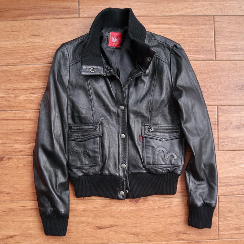 EVISU kulit domba Jaket kulit asli bomber varsity vintage pilot jaket motor cewek embose bergambar l