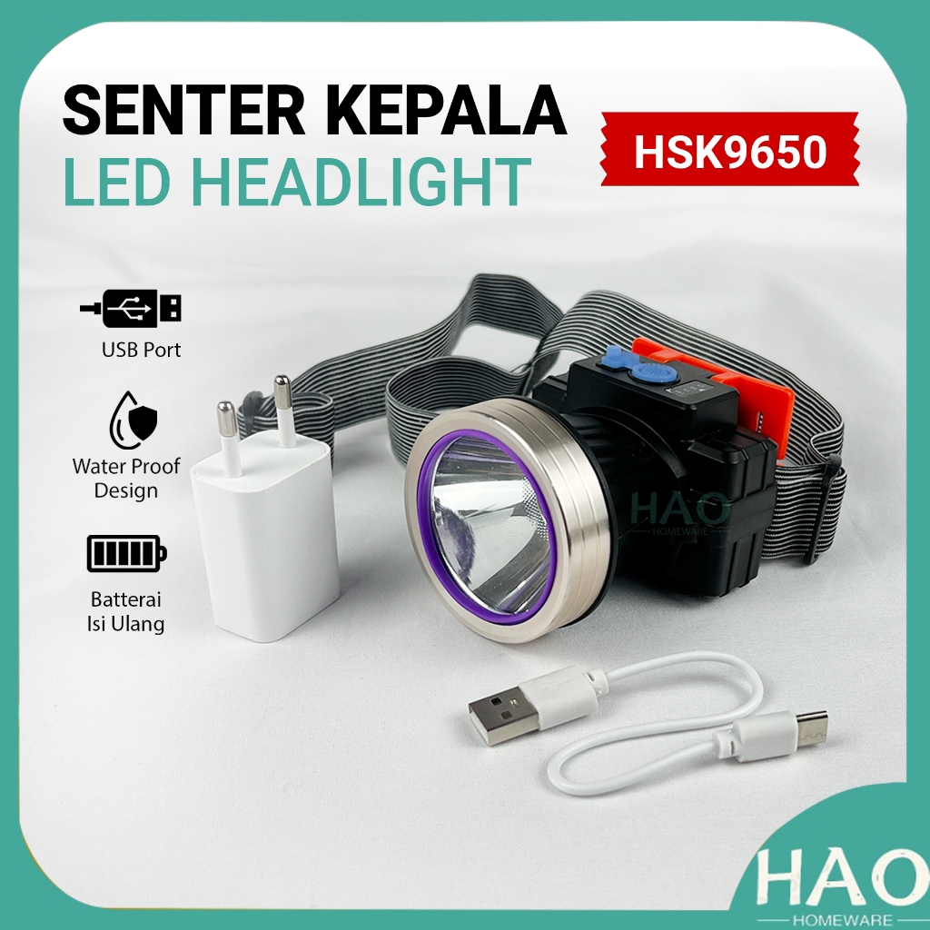 Senter Kepala Headlight LED / Senter Kepala Travel / Senter Kepala Charger HSK-9650 LED Putih