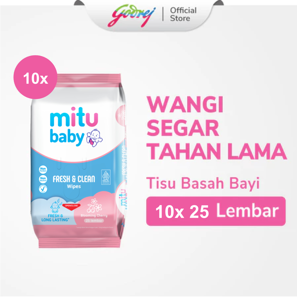 Mitu Baby Tisu Basah Fresh & Clean Wipes Blooming Cherry 25s x10 - Tissue Basah Bayi