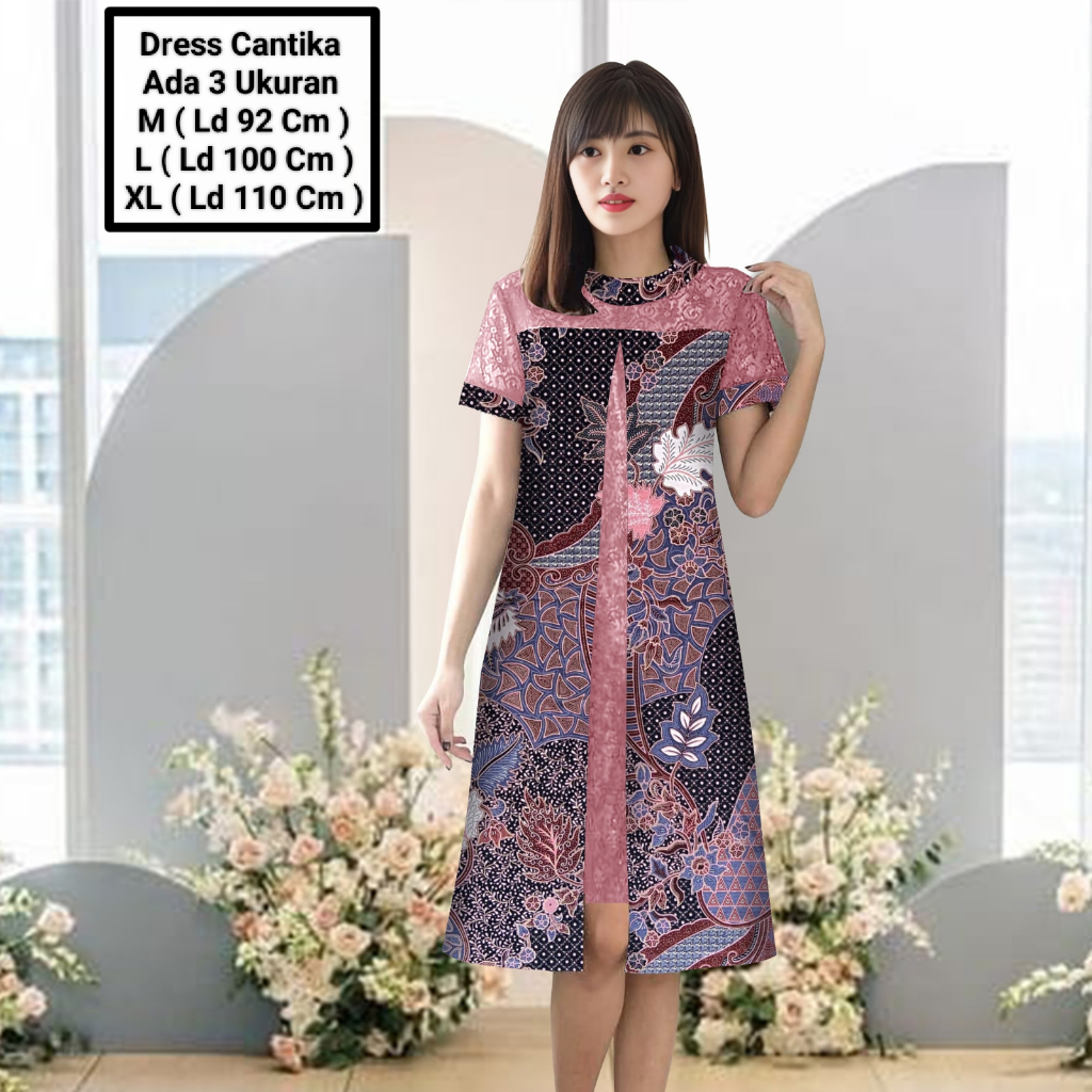 RTYU Dress Midi Model Terbaru Batik Kombinasi Brokat Mutiara Cocok Untuk Kondangan/Dress Cantika