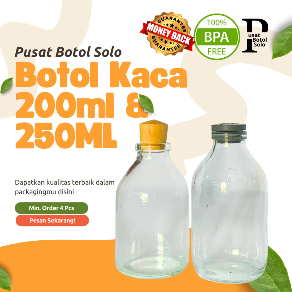 Botol Kaca 200ml-250ml tutup kayu gabus dan rubber silicon isi 4 (1 Box)