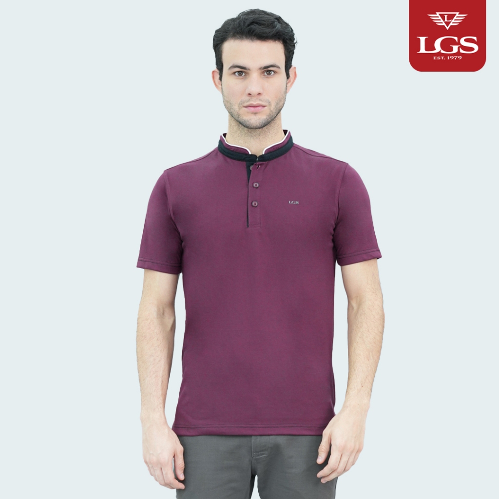 LGS - Kaos Casual Pria Kerah Sanghai Warna Maroon Slim Fit Motif Polos - JPS.321.C3228F.01.C