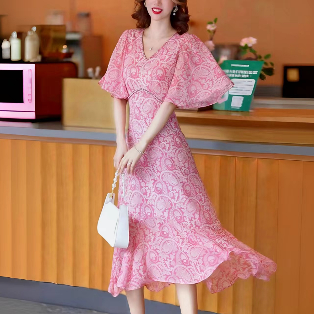 NANA Flowy Pantai Dress Pink Duyung/ Midi Pearl Dress Motif Bunga