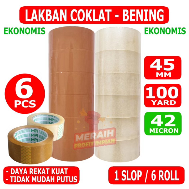 

Lakban MPI 100 yard isi 6 Coklat Bening Paket Hemat 45mm
