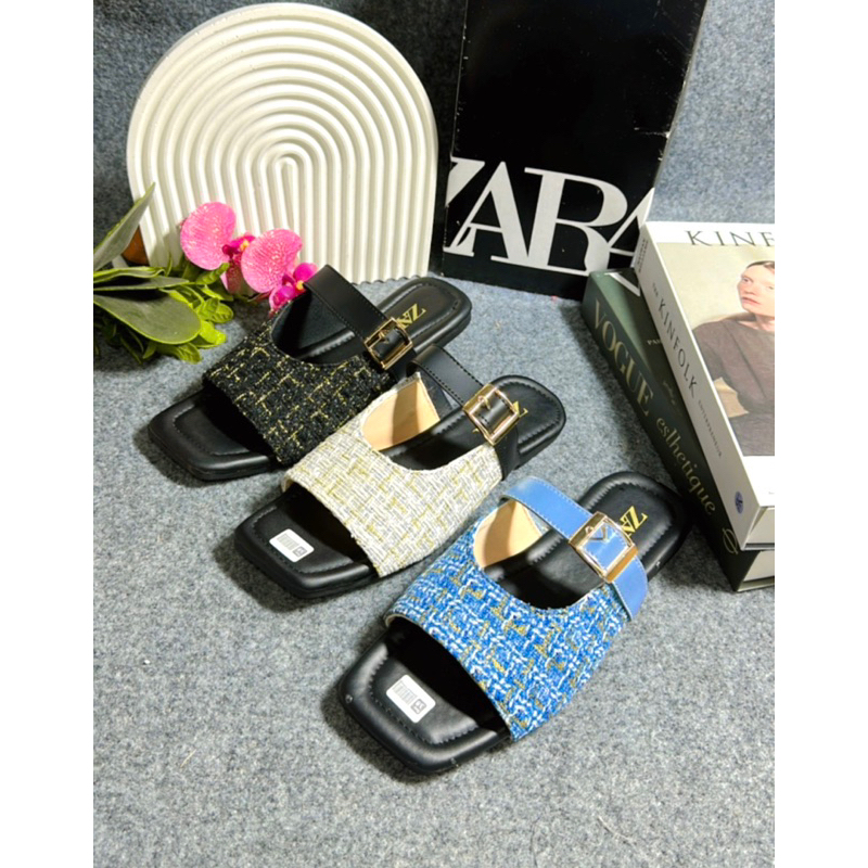 sandal selop zara rajut tweet gesper kekinian korean style