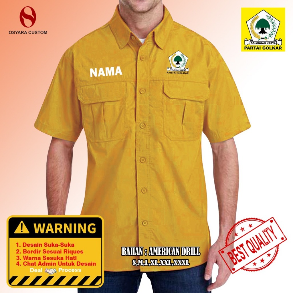 Kemeja Partai Golkar / Kemeja PDL Partai Golkar Custom Bordir / Kemeja Lapangan Partai Golkar Bordir
