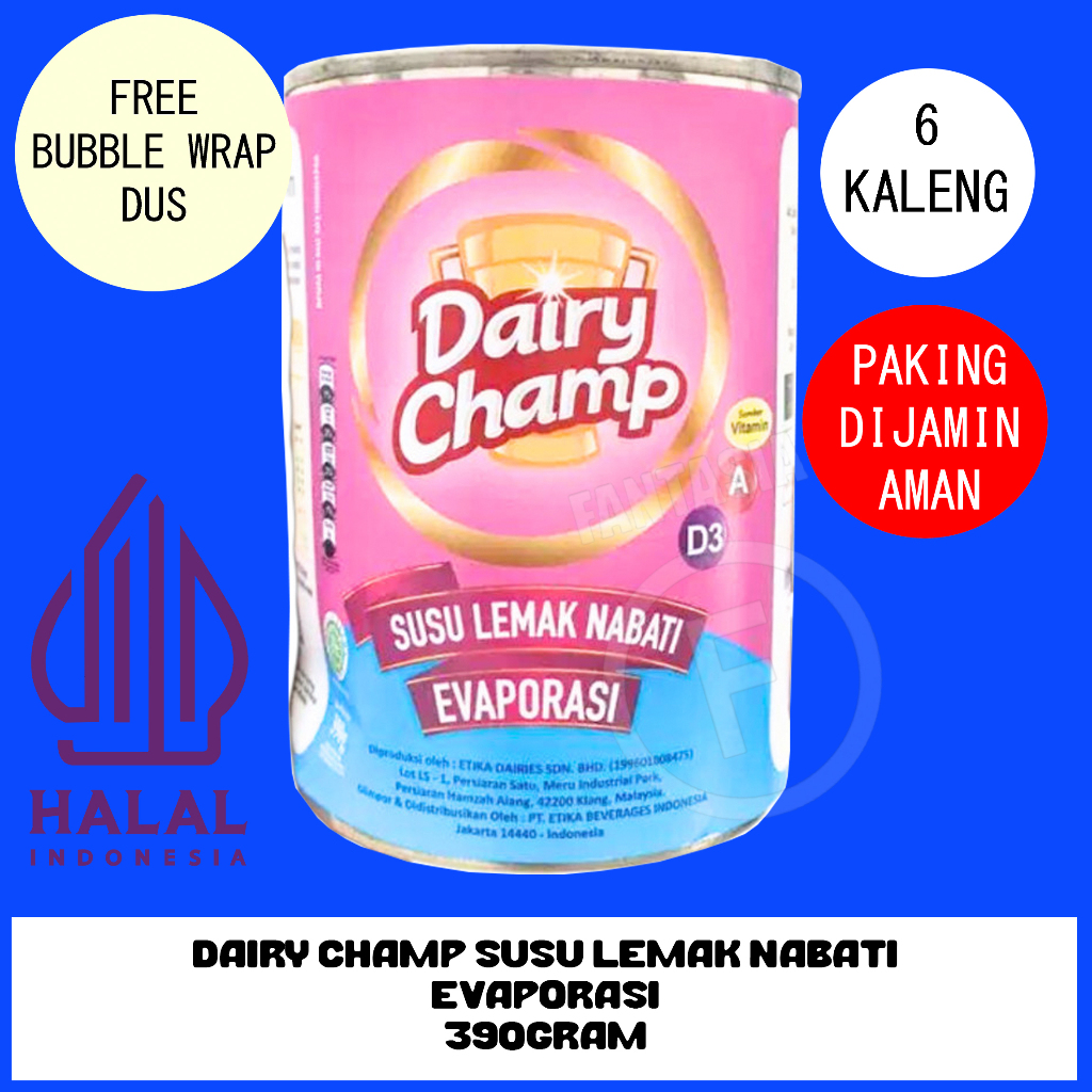 

DAIRY CHAMP SUSU EVAPORASI EVAPORATED MILK LEMAK NABATI TIN KALENG 390 GRAM PACK ISI 6 PCS FANTASIA DENGAN PAKING AMAN