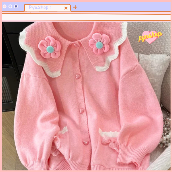 PYOSHOP - Cardigan Oversize Korea Flower Pastel Cute Lengan Panjang Wanita Knitwear