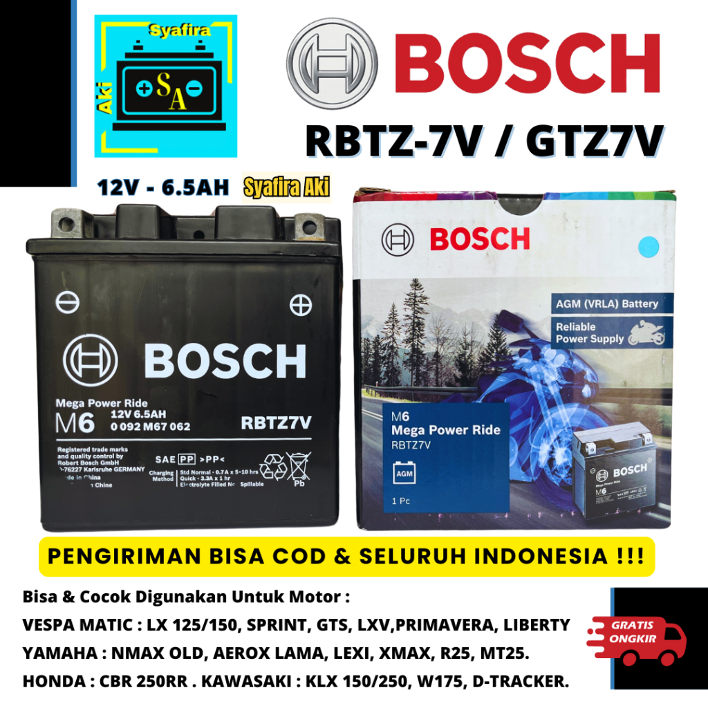 AKI MOTOR VESPA SPRINT, R25, VESPA S 125, W175, NMAX OLD, LEXI RBTZ7V/GTZ7V BOSCH 6,5AH